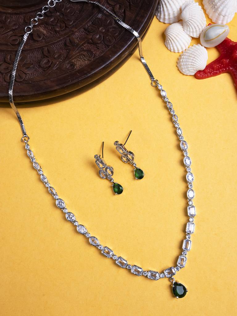 Sleek Silver Finish Ad Necklace Set-Ad145 : AD145GREEN