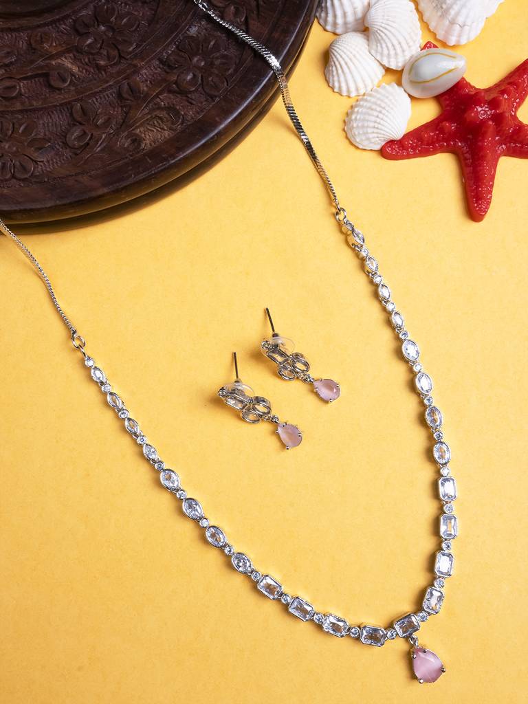 Sleek Silver Finish Ad Necklace Set-Ad145 : AD145PINK