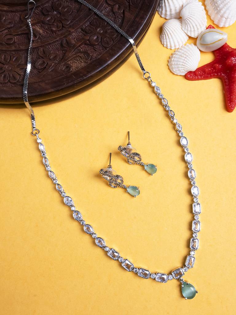 Sleek Silver Finish Ad Necklace Set-Ad145 : AD145MINT