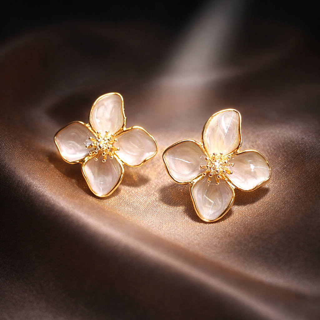 Ab Stud Earrings German Silver Flower With Enamel Drip White : E-AX-002-100