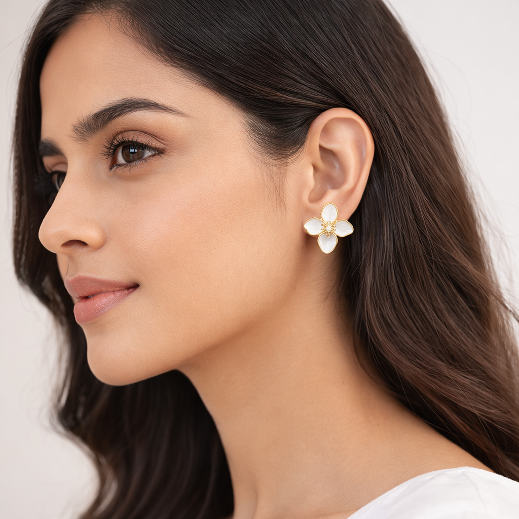 Ab Stud Earrings German Silver Flower With Enamel Drip White : E-AX-002-100