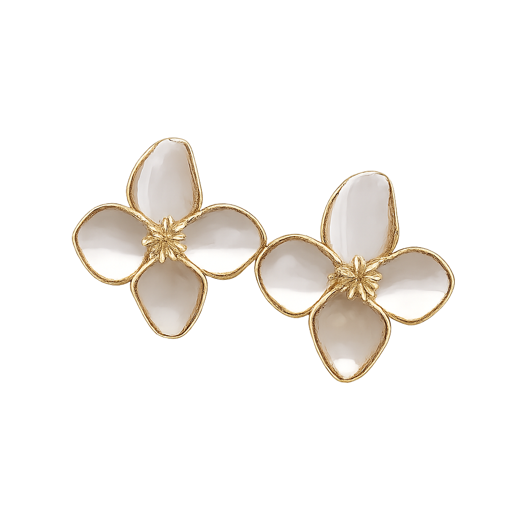 Ab Stud Earrings German Silver Flower With Enamel Drip White : E-AX-002-100