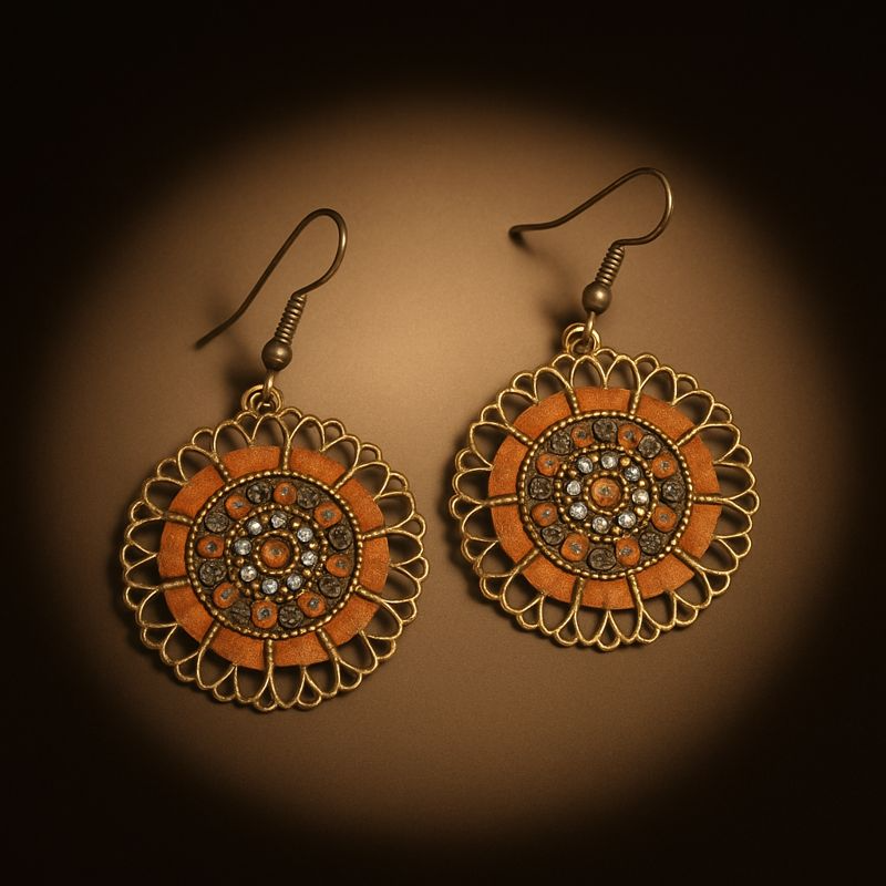 Ab Earrings German Silver Hook Round With Ribbon Crystals Orange : E-AX-019-75