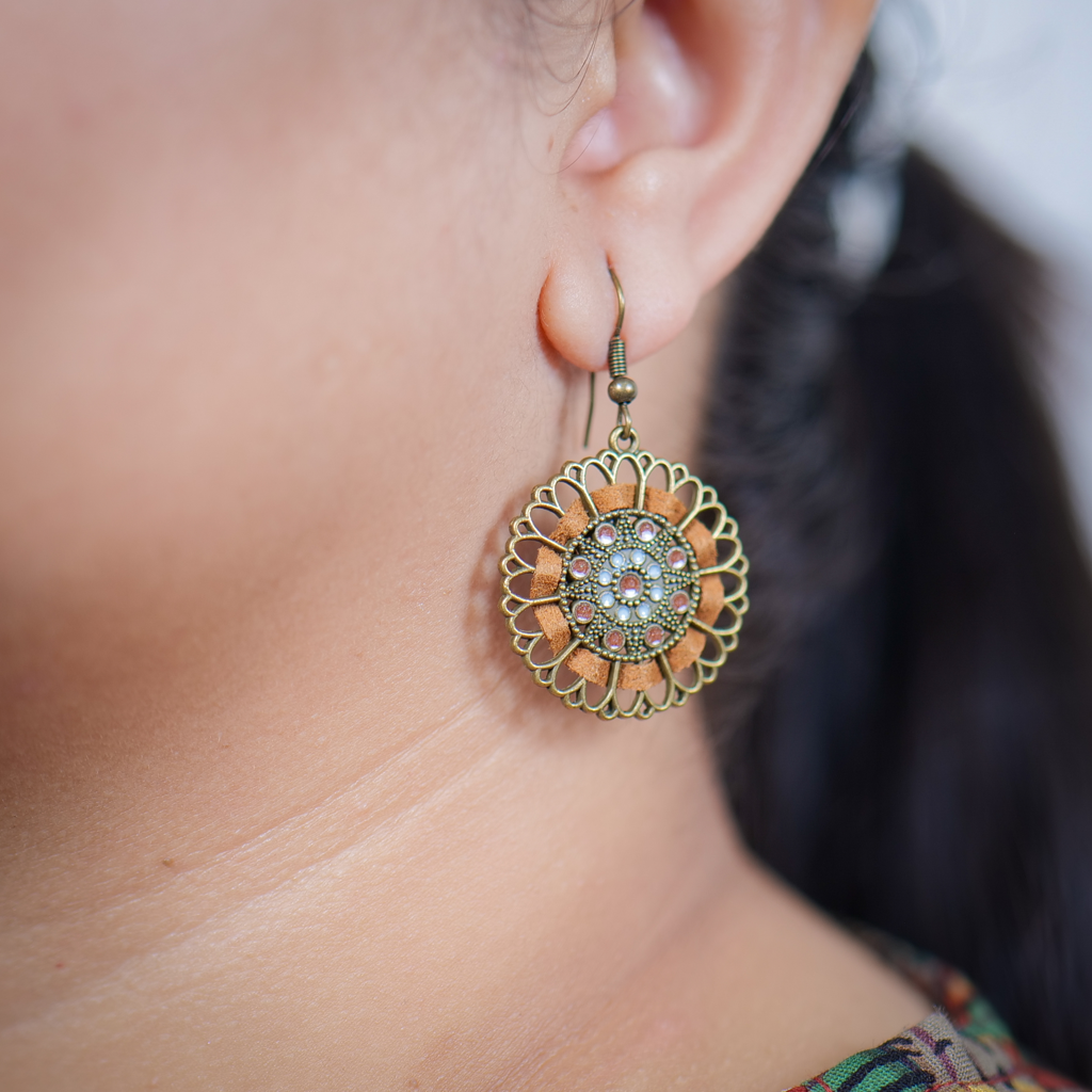 Ab Earrings German Silver Hook Round With Ribbon Crystals Orange : E-AX-019-75