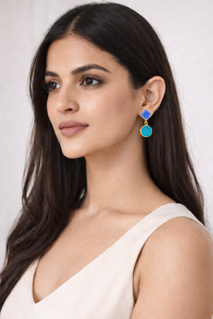 Ab Stud Earrings German Silver Asymmetrical White Blue Dewdrop : E-AX-022-120