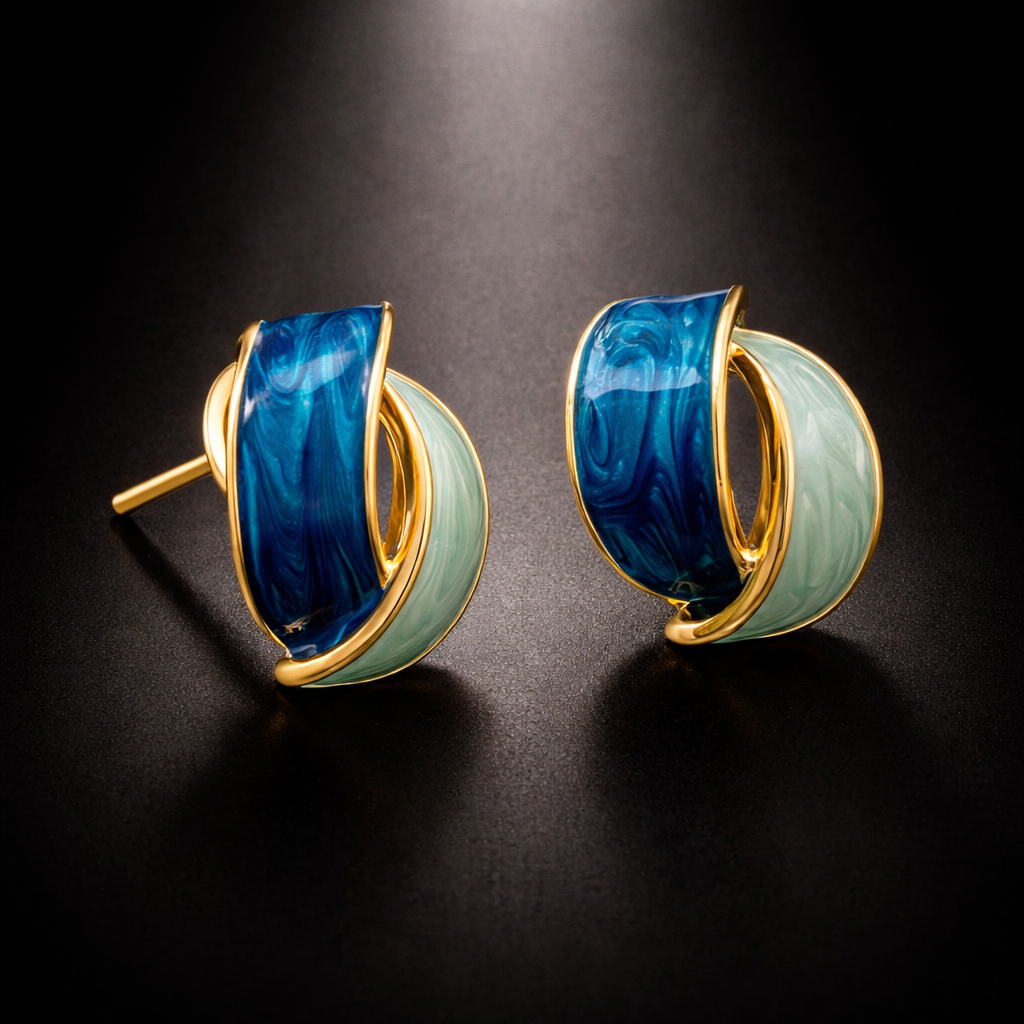 Ab Earrings German Silver Double Arc Blue Aqua Swirl : E-AX-036-160