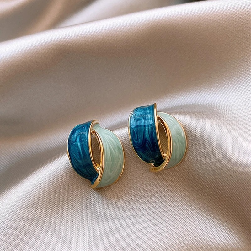 Ab Earrings German Silver Double Arc Blue Aqua Swirl : E-AX-036-160