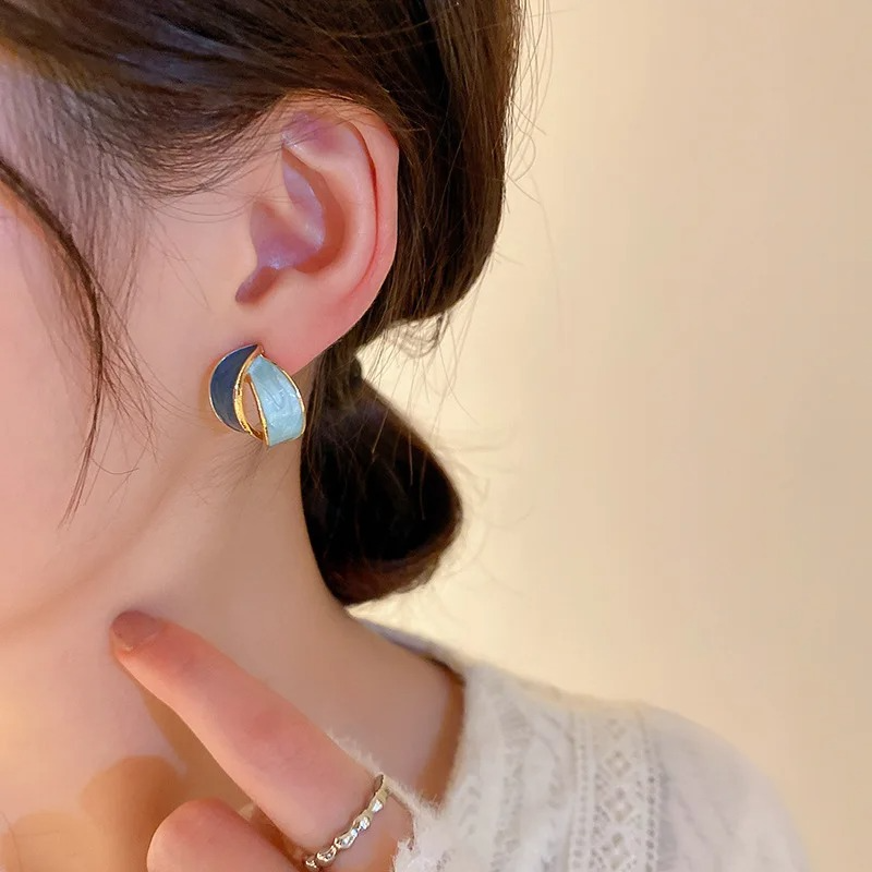 Ab Earrings German Silver Double Arc Blue Aqua Swirl : E-AX-036-160