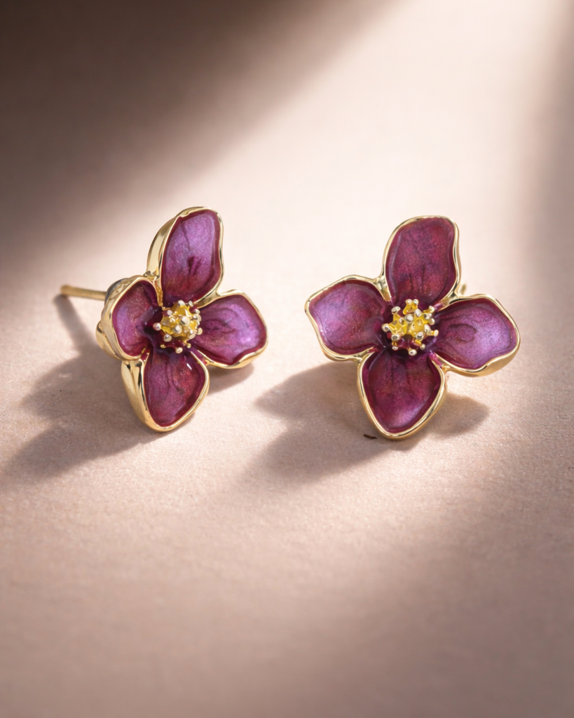 Ab Stud Earrings German Silver Flower With Enamel Drip Wine Colour : E-AX-051