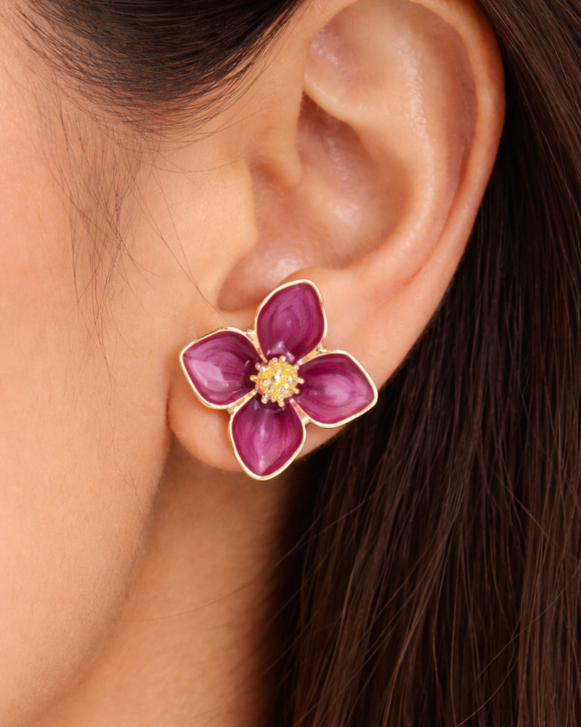 Ab Stud Earrings German Silver Flower With Enamel Drip Wine Colour : E-AX-051