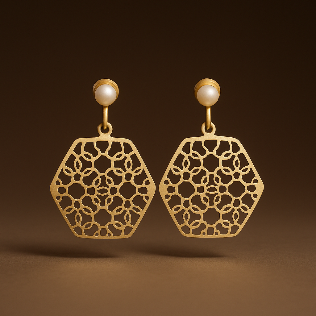 Ab Earringd Brass Golden Honeycomb Filgree Work With Real Pearl : E-SA-017-100