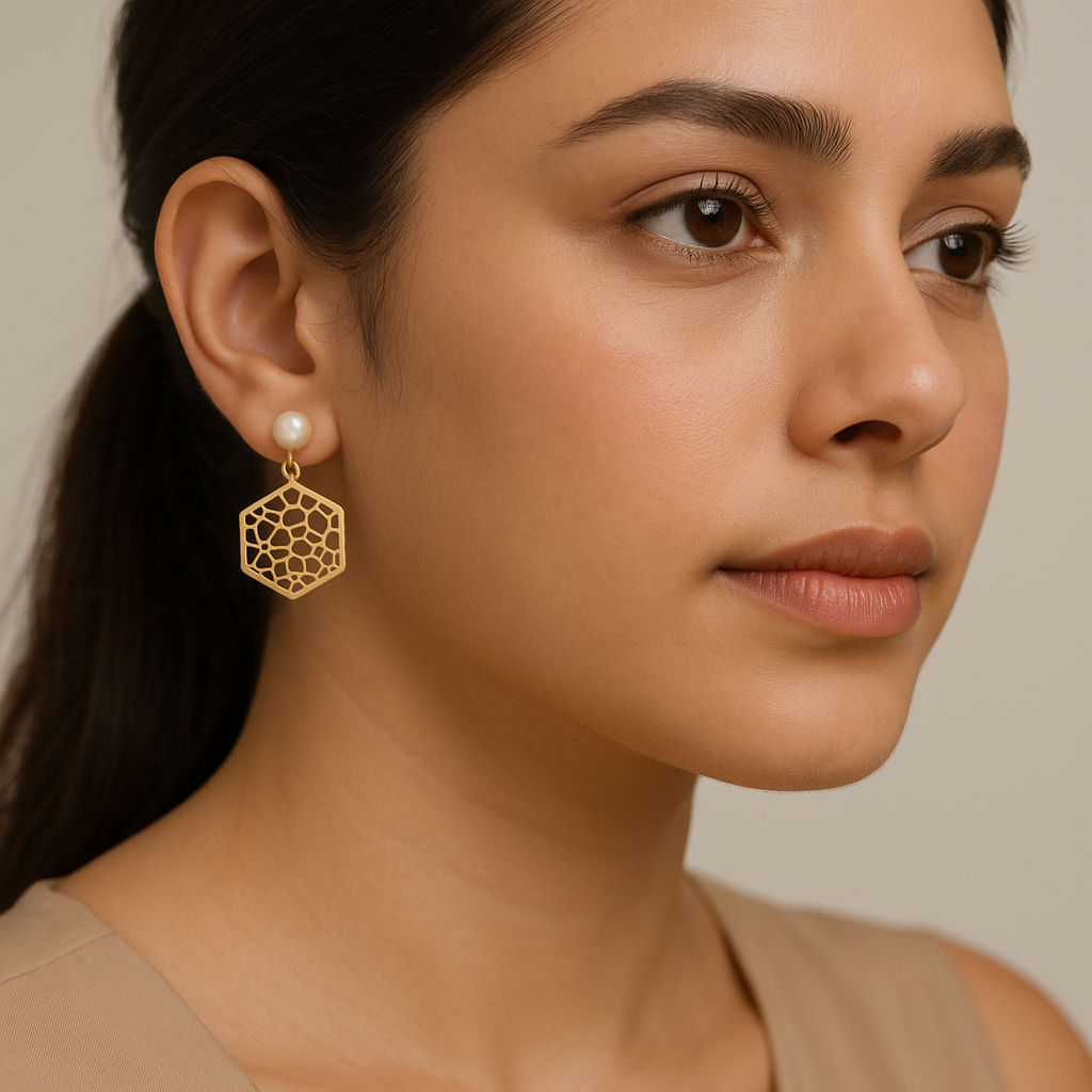 Ab Earringd Brass Golden Honeycomb Filgree Work With Real Pearl : E-SA-017-100