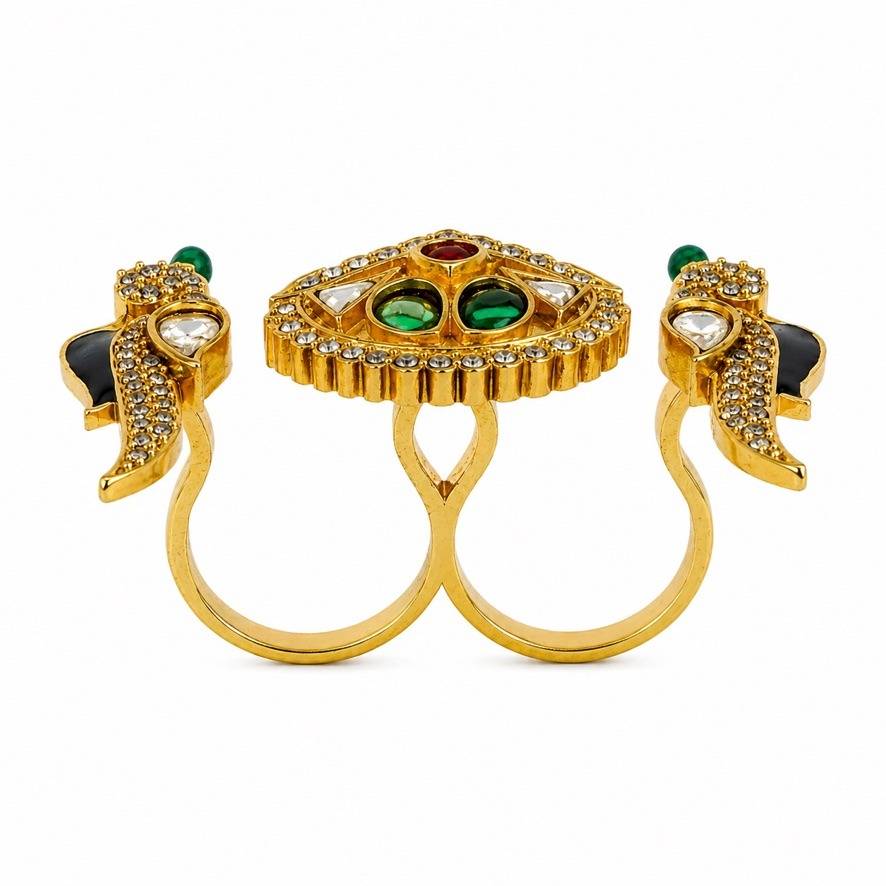 Mayuri Emerald Peacock Meenakari Dual Finger Ring : PR-282R