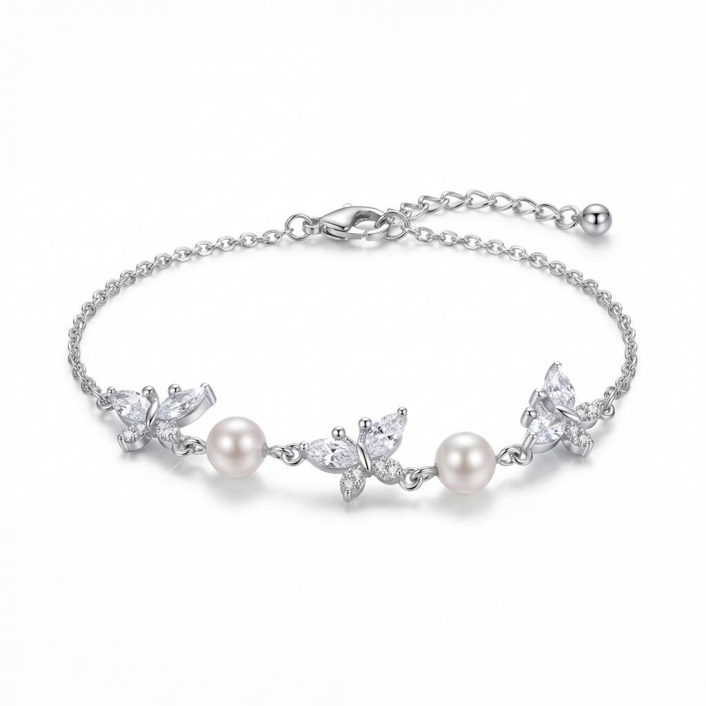 Korean Marquise Butterfly & Cultured Pearl Charm Bracelet : YUFSBR209