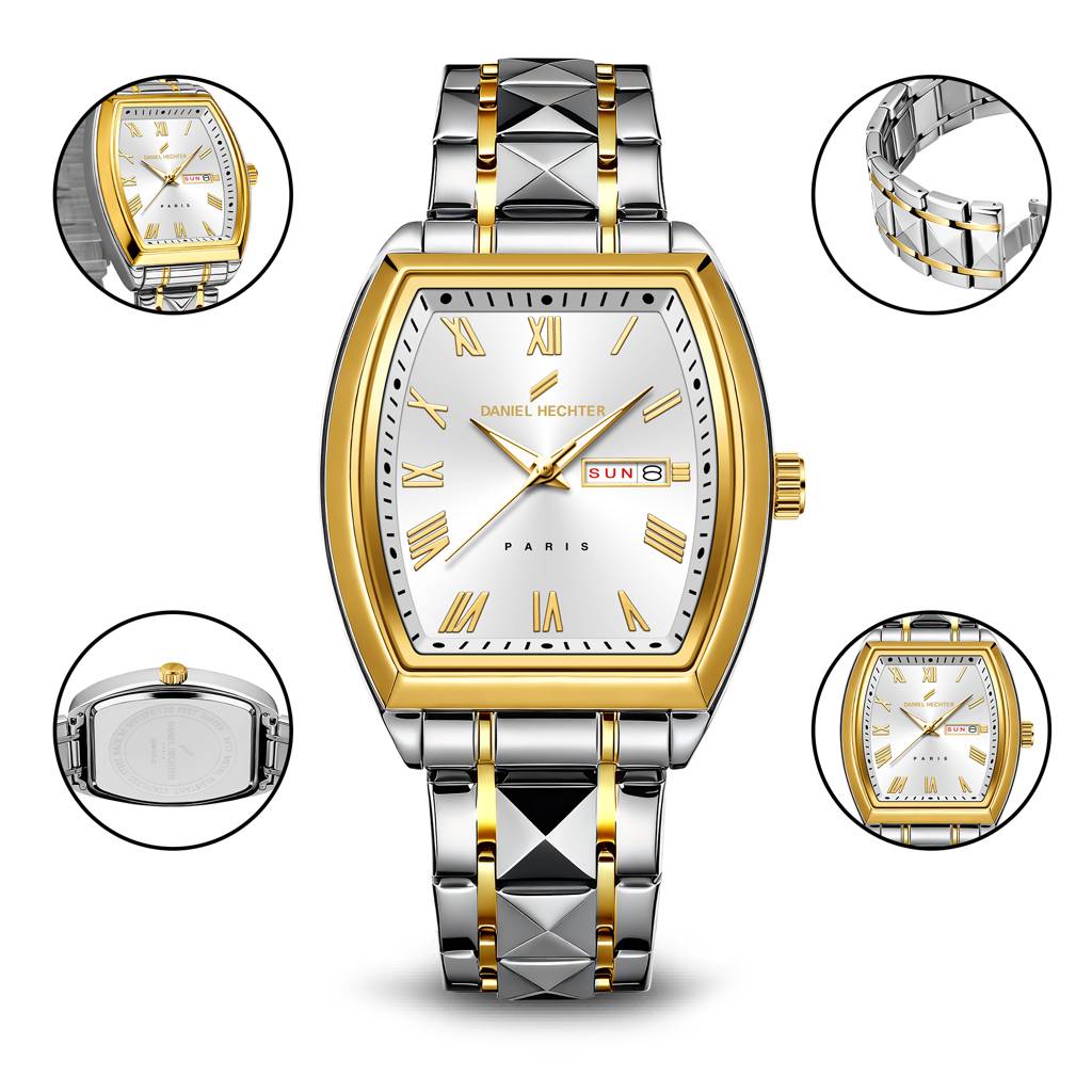 Daniel Hechter Duroc Collection Luxury Watch For Men With Roman Indices, Day-Date Display And Two-Tone Studded St : DHM1025-22