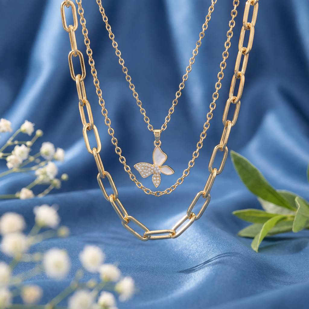 Korean Gold Monarch Triple-Layer Necklace Set : YUFSNL258
