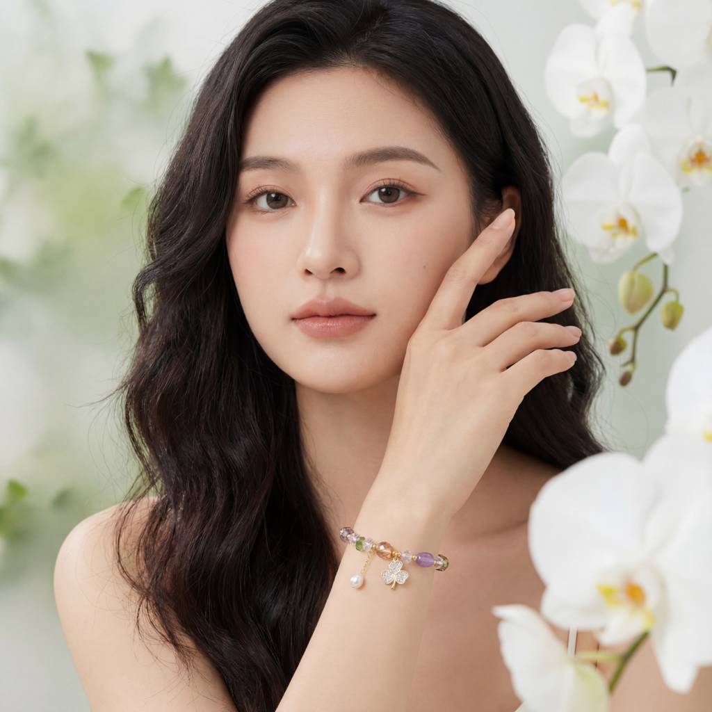 Korean Garden Of Luck Multi-Gemstone & Clover Bracel : YUFSBR214