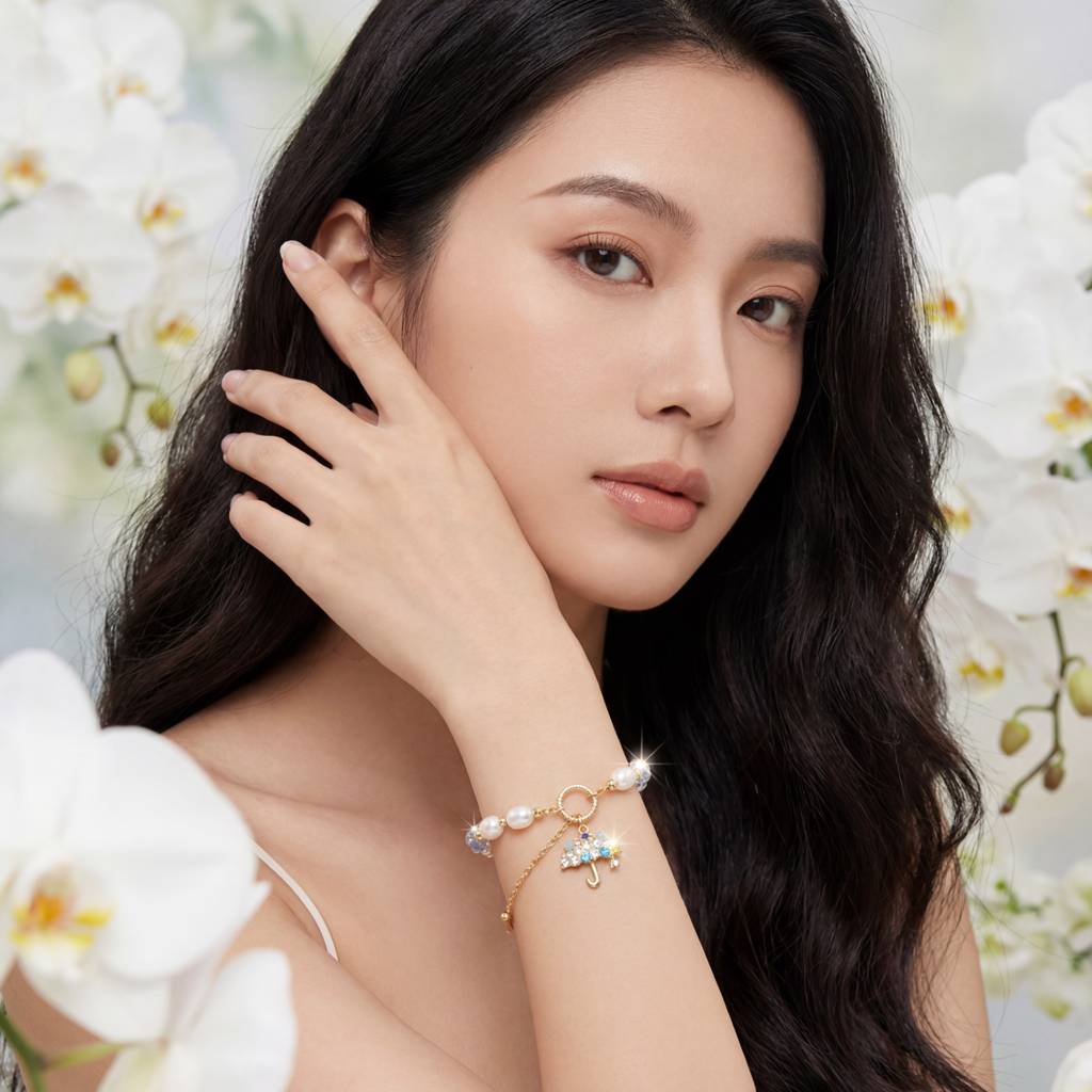 Korean Serene Sky Pearl & Crystal Umbrella Charm Bracelet : YUFSBR202