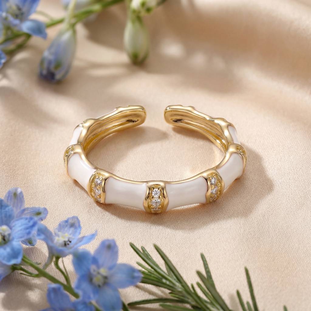 Korean Ivory Enamel & Gold Bamboo Wrap Ring : YUFSRG005-WH