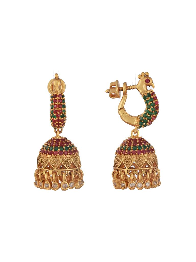24Ct Gold-Plated Stone Studded & Beaded Peacock Shaped Jhumkas : EAR-JS24-30316