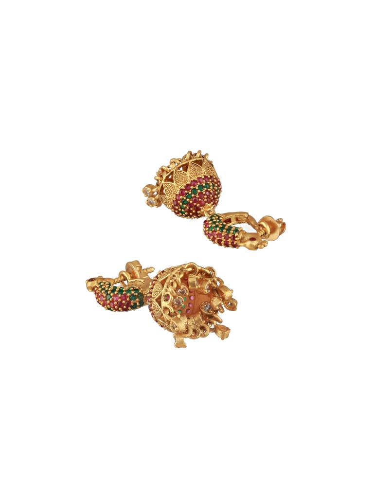 24Ct Gold-Plated Stone Studded & Beaded Peacock Shaped Jhumkas : EAR-JS24-30316