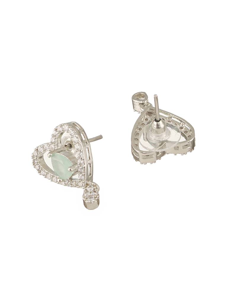 Rhodium-Plated Green Ad Stone Studded Heart Shaped Pendant With Earrings And Chain : NL-JS24-40398