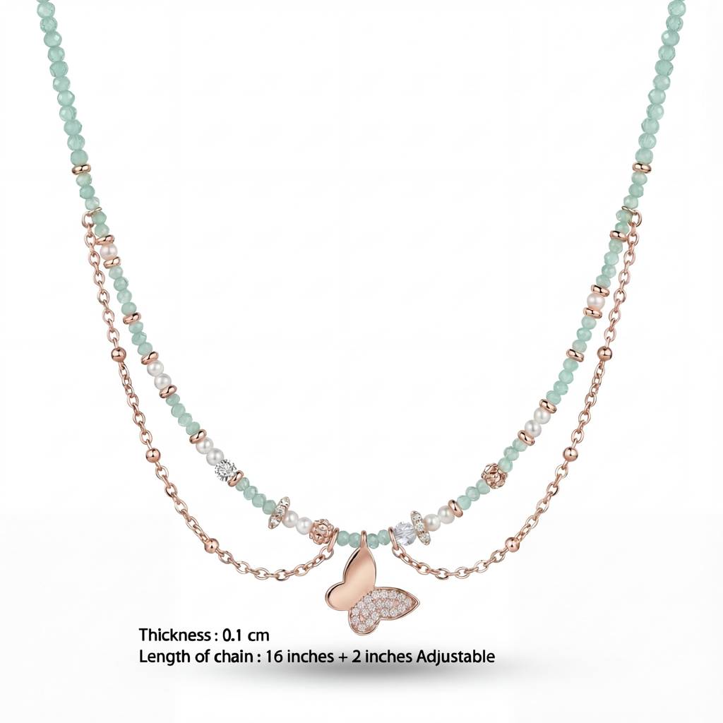 Korean Sage Green & Pearl Butterfly Layered Necklace : YUFSNL246