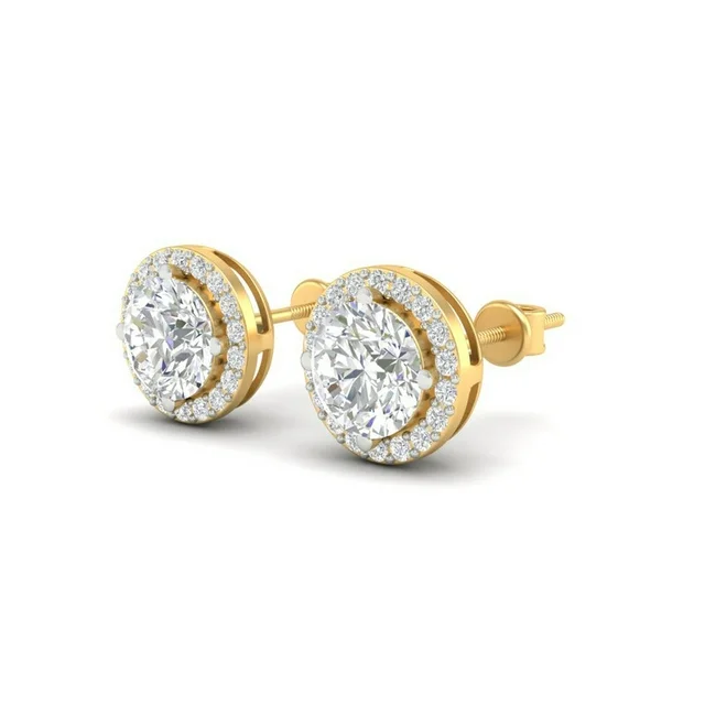 Round Cut Moissanite Halo Stud Earrings 14K Gold Plated : FJ_082