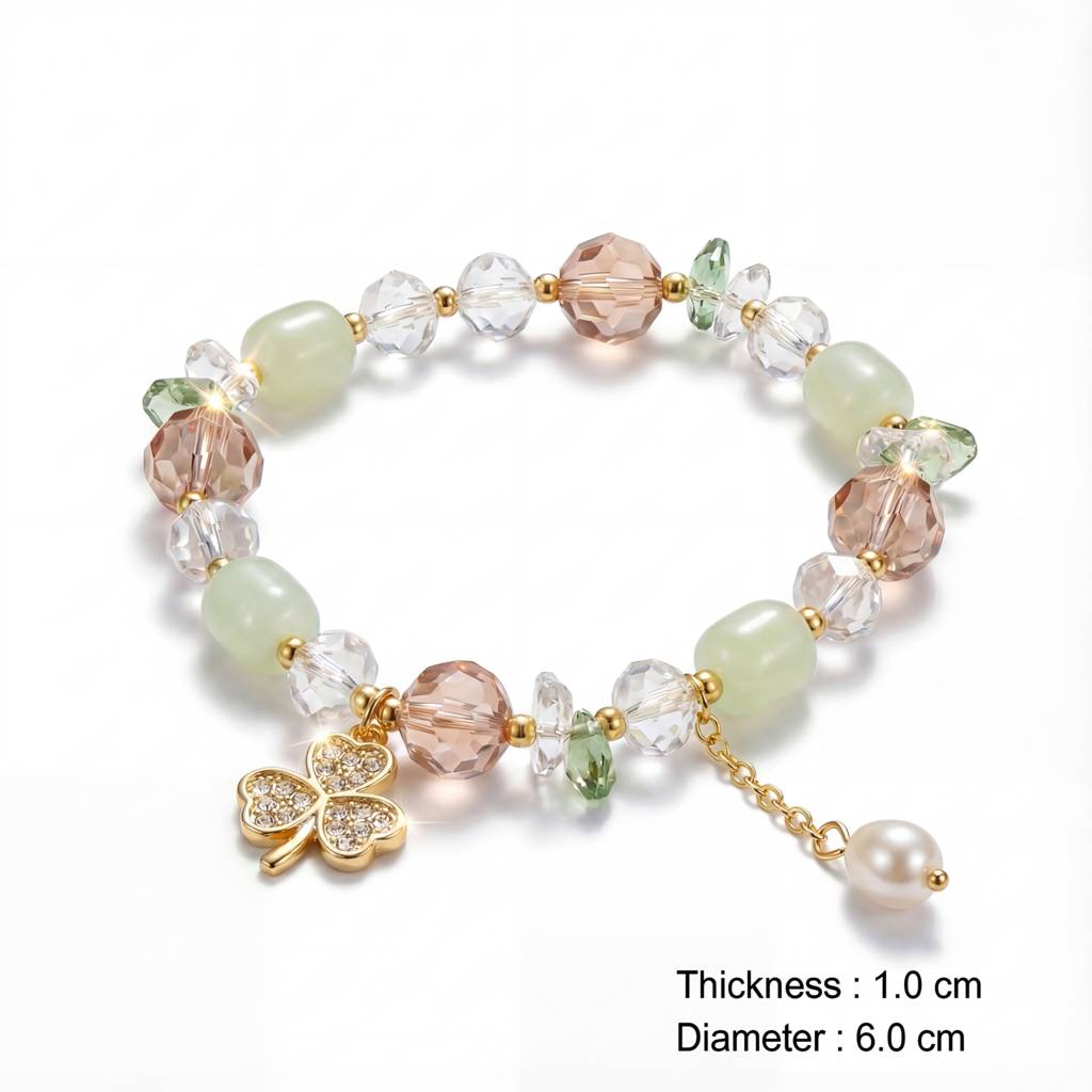 Korean Pastel Meadow Clover & Pearl Charm Bracelet : YUFSBR219