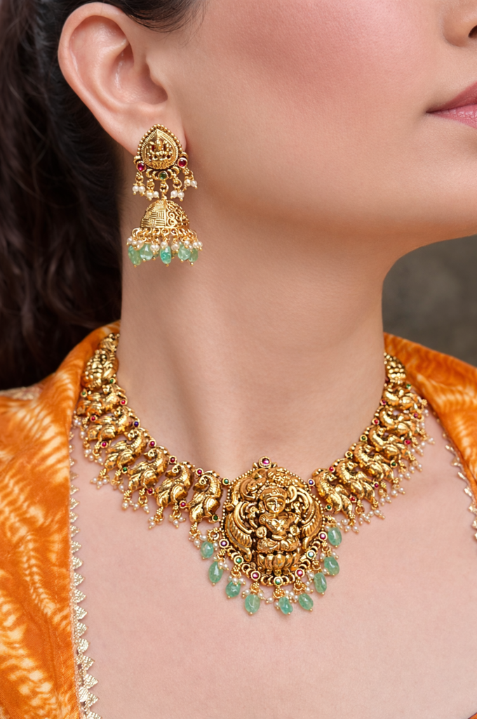 Gold Finish Lakshmi Temple Necklace Set : PR-104N