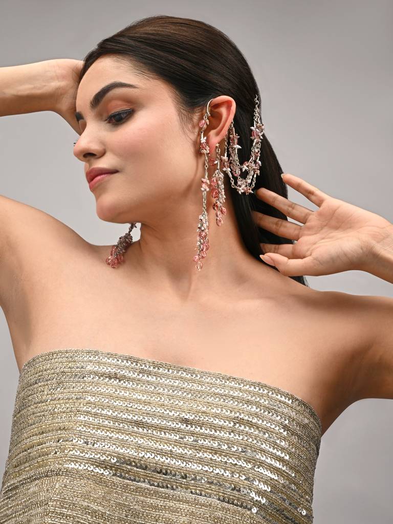 Viral And Trending Silver Plated Earcuff Earrings With Hair Extension Layers For A Fusion Style : EKN-02-01RED