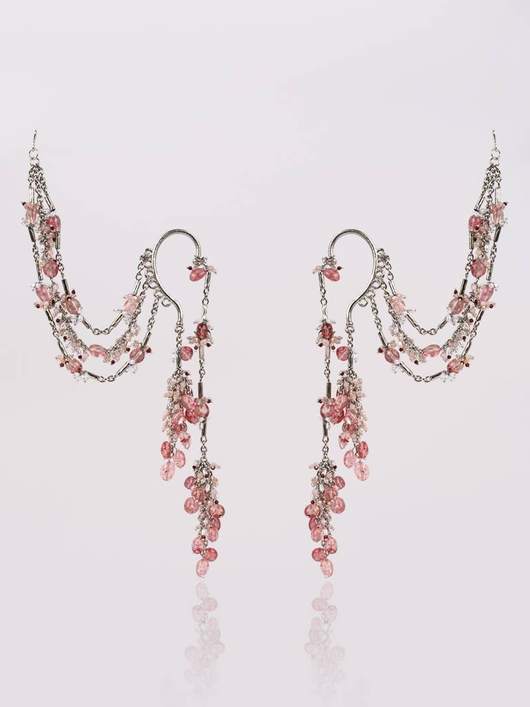 Viral And Trending Silver Plated Earcuff Earrings With Hair Extension Layers For A Fusion Style : EKN-02-01RED