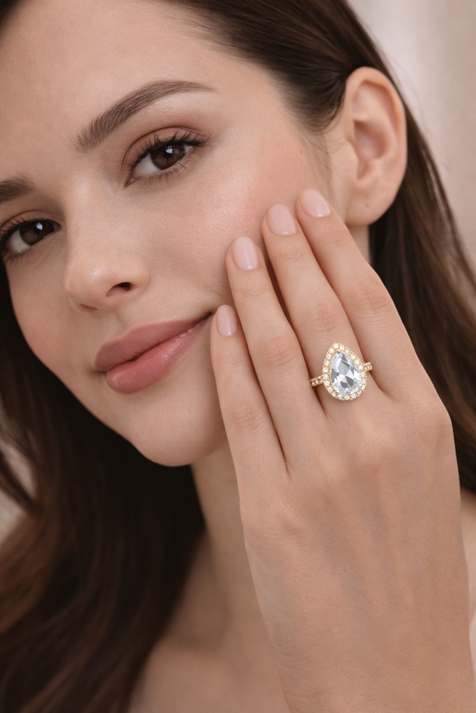 Gold Plated Pear Cut Cz Ring For Women – Halo Solitaire Engagement & Promise Ring |18K Gold Plated Stainless St : G9-XCYV-E8X1