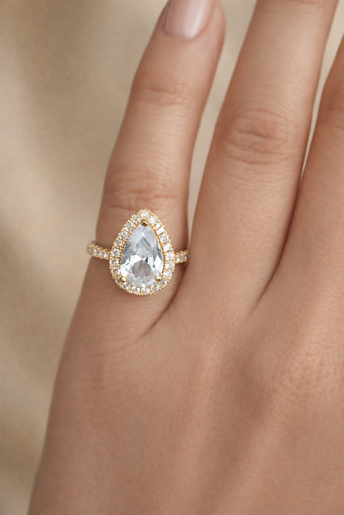 Gold Plated Pear Cut Cz Ring For Women – Halo Solitaire Engagement & Promise Ring |18K Gold Plated Stainless St : G9-XCYV-E8X1