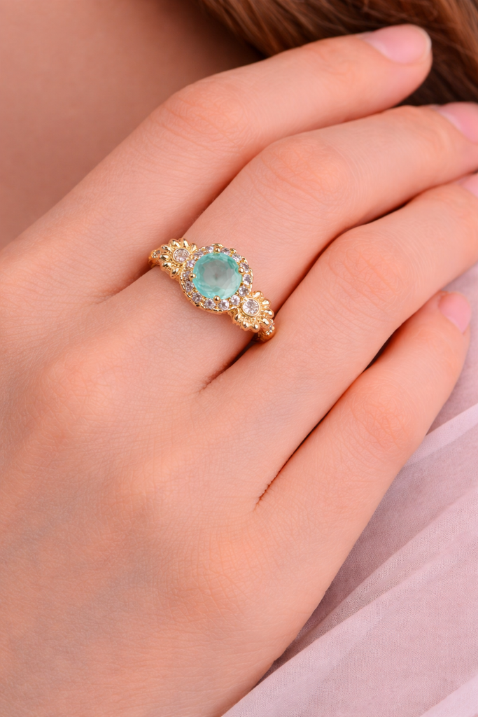 Blue Stone Gold Plated Ring For Women – Floral Design Engagement & Promise Ring |18K Gold Plated Stainless Stee : 60-3PXY-WQRU