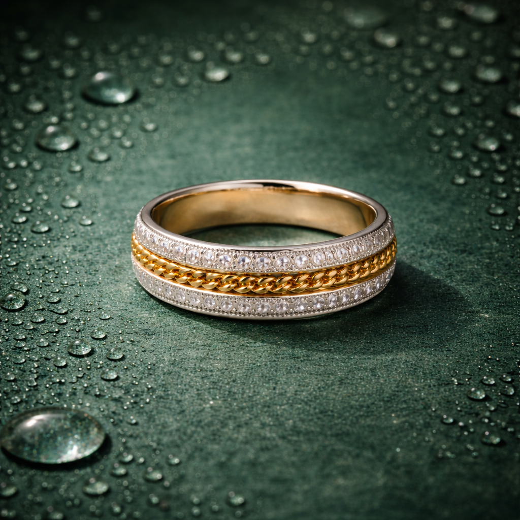 Two-Tone Crystal Band Ring For Women | Gold & Silver Plated Chain Design Ring | Elegant Minimal Wedding & Daily : AST-RIN-0079