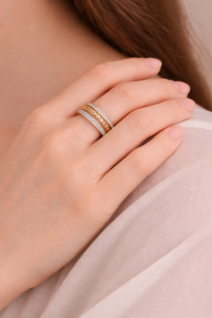 Two-Tone Crystal Band Ring For Women | Gold & Silver Plated Chain Design Ring | Elegant Minimal Wedding & Daily : AST-RIN-0079