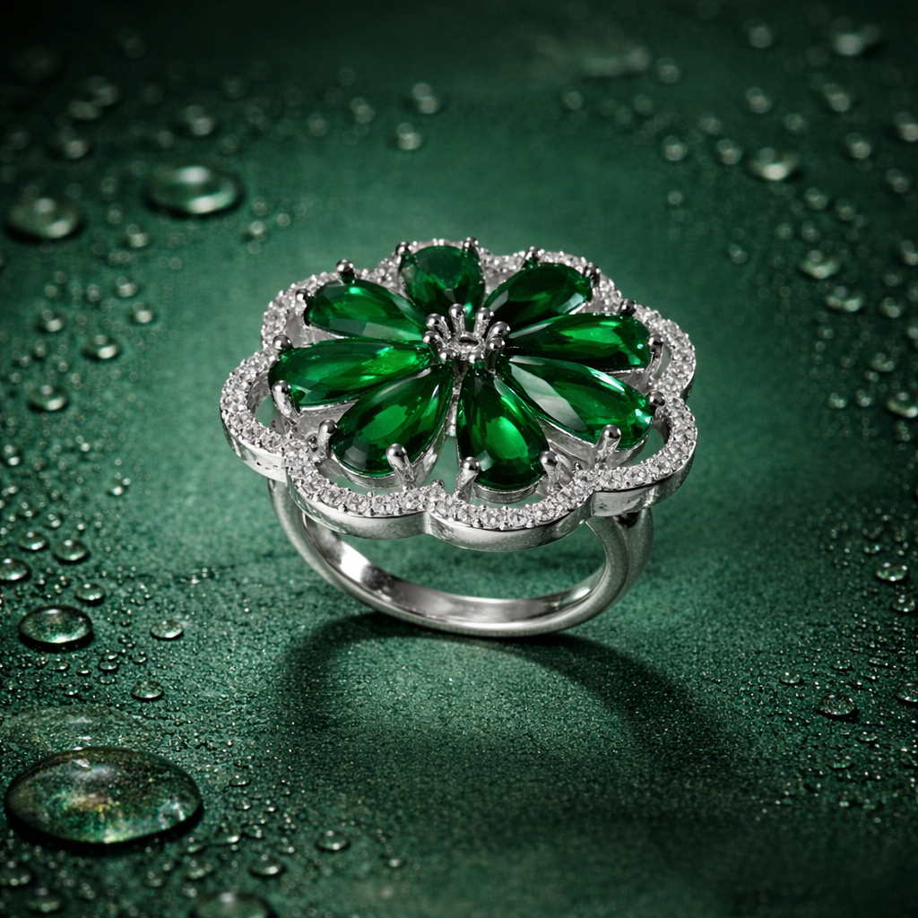 Royal Queen – Green Petal Radiance Cocktail Ring With Sparkling Green Cz Stones |Stainless Steel, Customizable : UQ-E4N1-W0TR