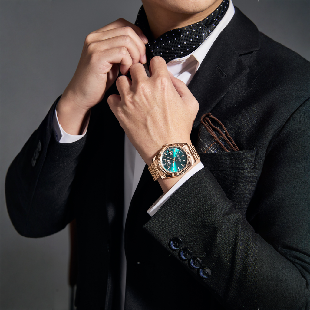 Oxford Collection Analog Quartz Watch For Men With Stainless Steel Strap, Fluted Metal Case, Day & Date Display, : LFM10001-22