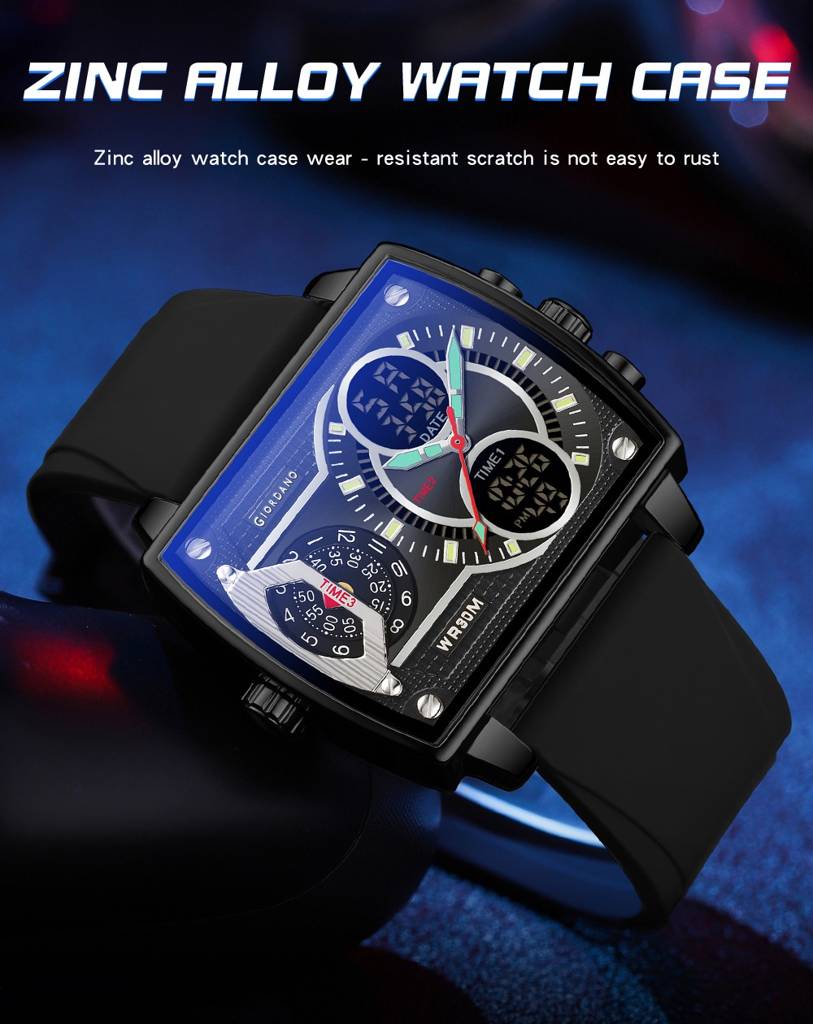 Giordano Square Analog-Digital Watch For Men – Triple Time Zone Displa, Silicone Strap : GZ-50161-01