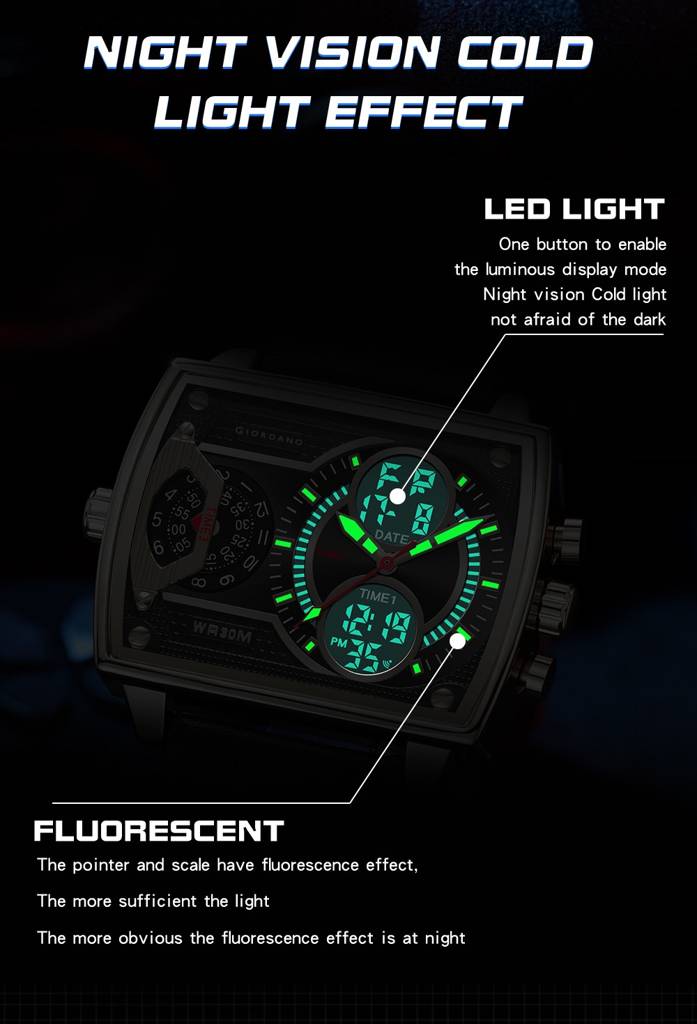 Giordano Square Analog-Digital Watch For Men – Triple Time Zone Displa, Silicone Strap : GZ-50161-01