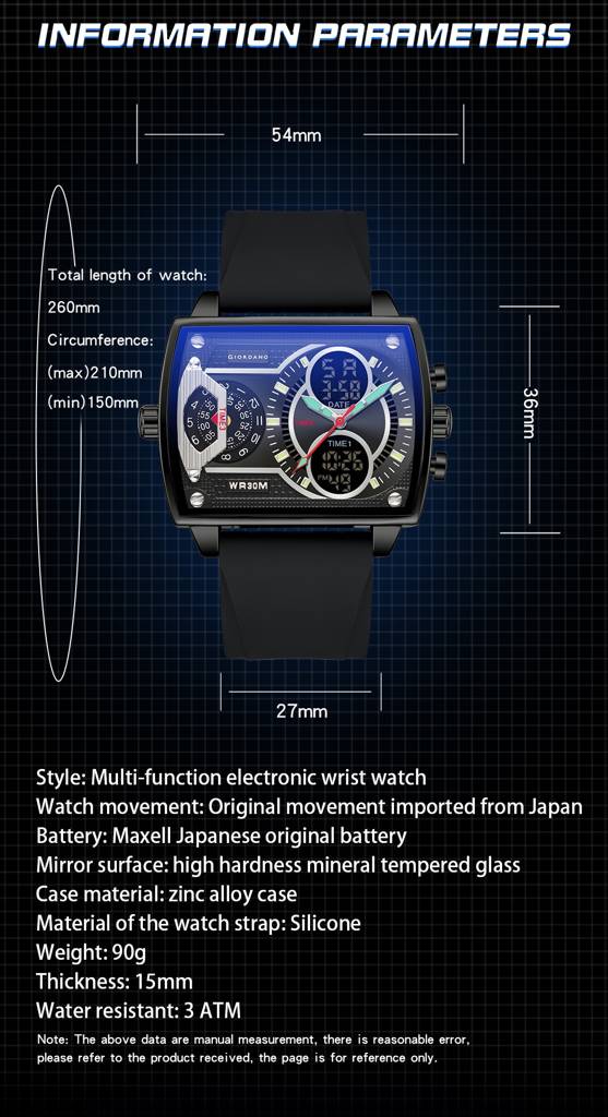 Giordano Square Analog-Digital Watch For Men – Triple Time Zone Displa, Silicone Strap : GZ-50161-01