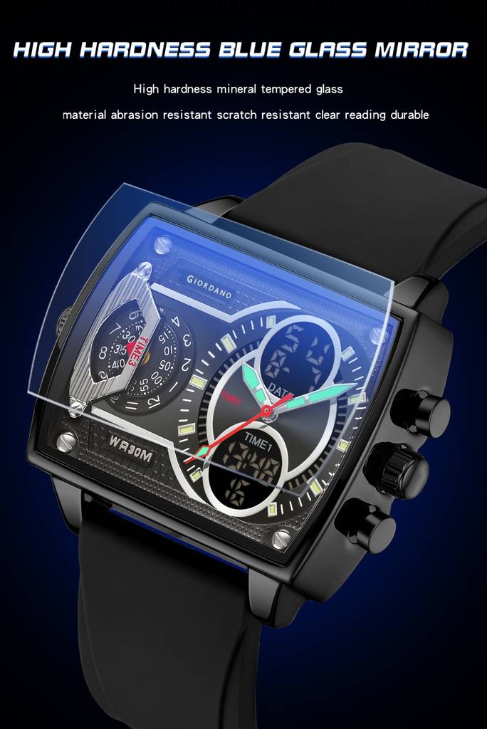 Giordano Square Analog-Digital Watch For Men – Triple Time Zone Displa, Silicone Strap : GZ-50161-01