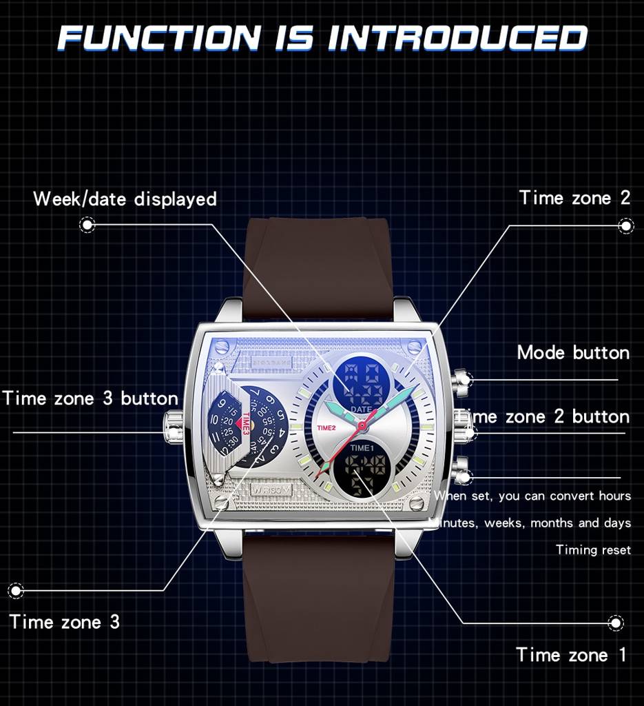 Giordano Square Analog-Digital Watch For Men – Triple Time Zone Displa, Silicone Strap : GZ-50161-02