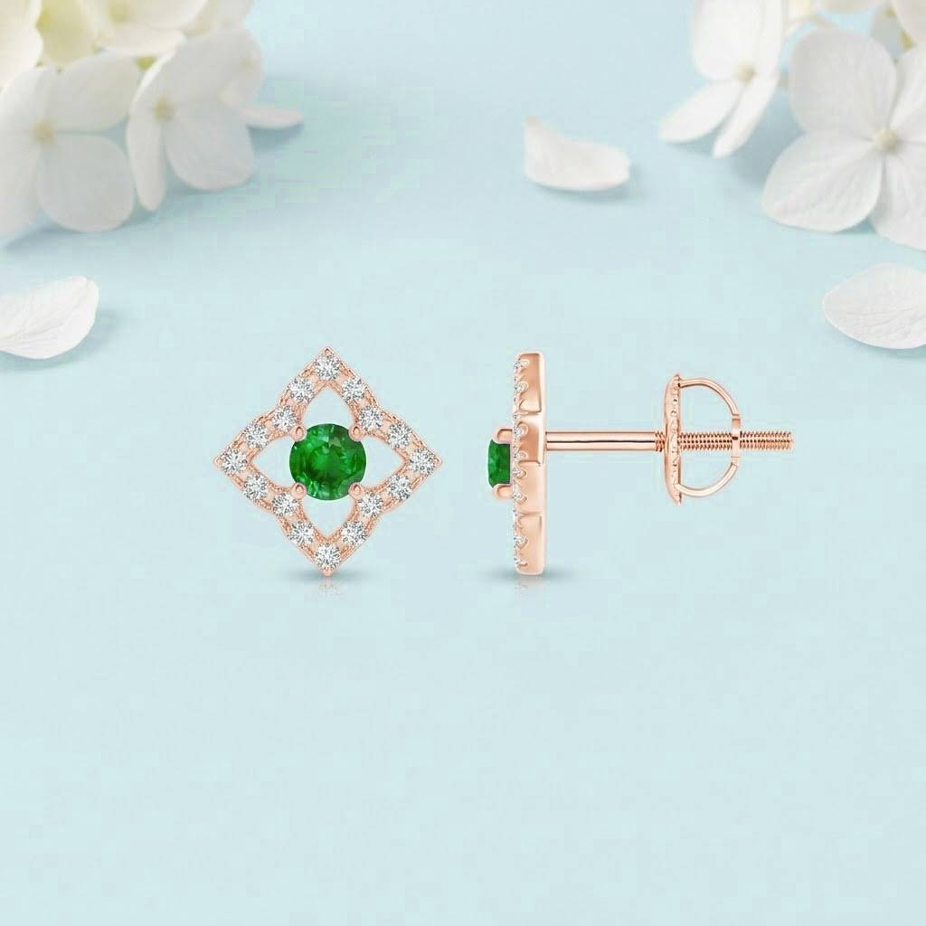 925 Sterling Emerald Green Cz Round-Cut Star-Shaped Halo Stud Earrings For Women : ER-0045-EME-RG