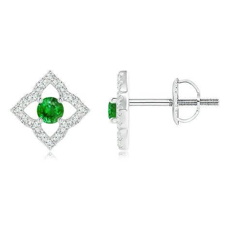 925 Sterling Emerald Green Cz Round-Cut Star-Shaped Halo Stud Earrings For Women : ER-0045-EME-WG