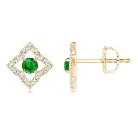 925 Sterling Emerald Green Cz Round-Cut Star-Shaped Halo Stud Earrings For Women : ER-0045-EME-YG