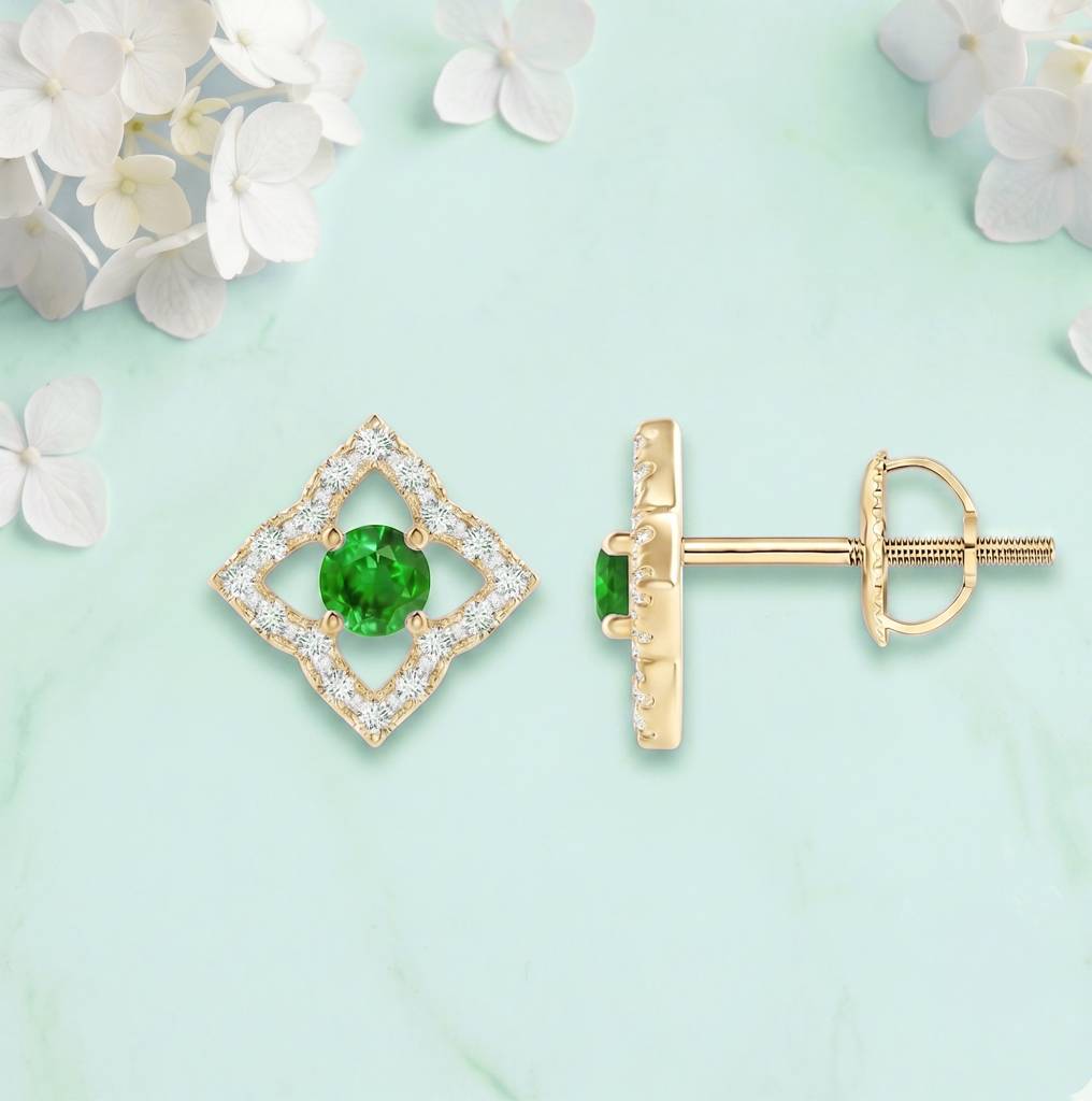 925 Sterling Emerald Green Cz Round-Cut Star-Shaped Halo Stud Earrings For Women : ER-0045-EME-YG
