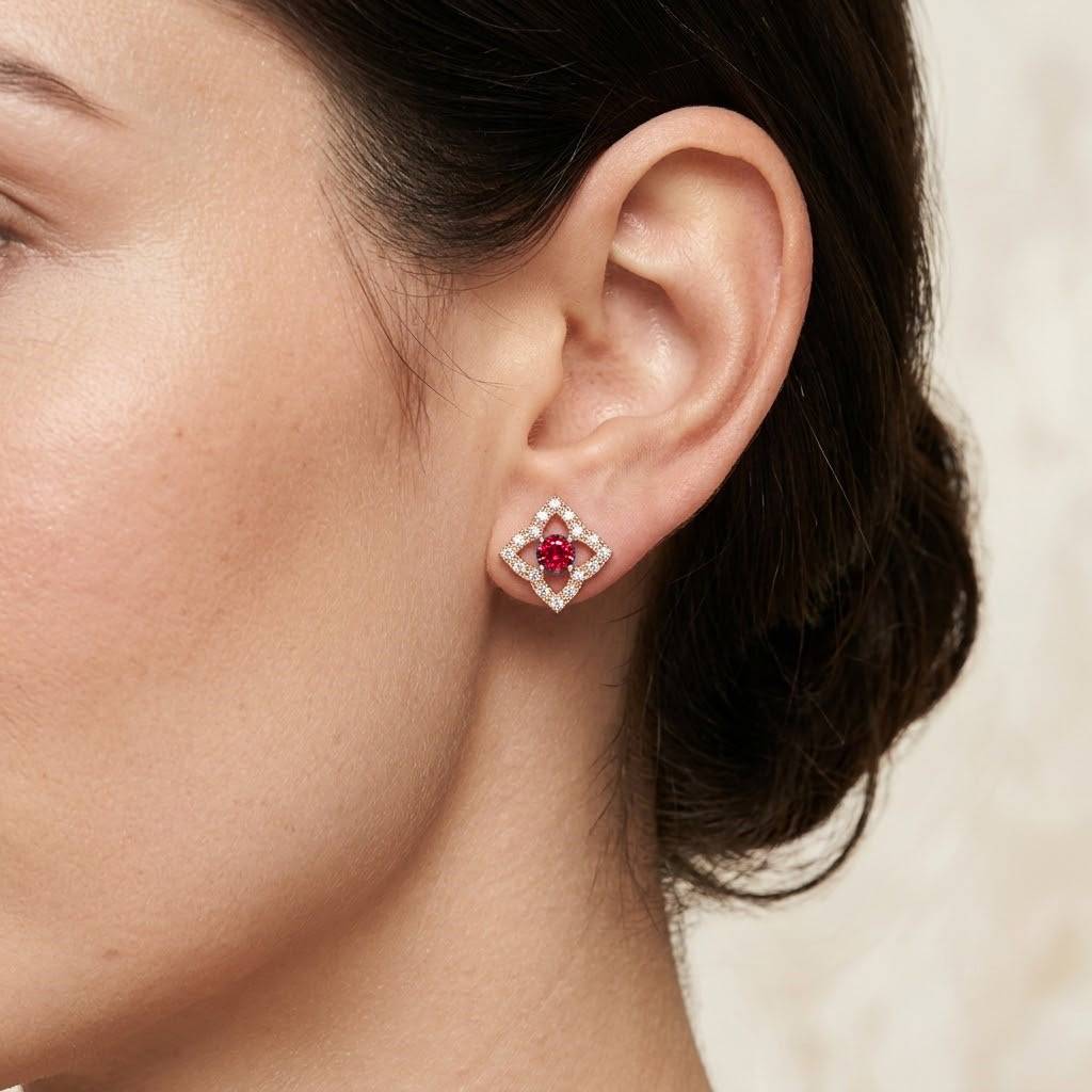 925 Sterling Ruby Pink Cz Round-Cut Star-Shaped Halo Stud Earrings For Women : ER-0045-RBY-RG