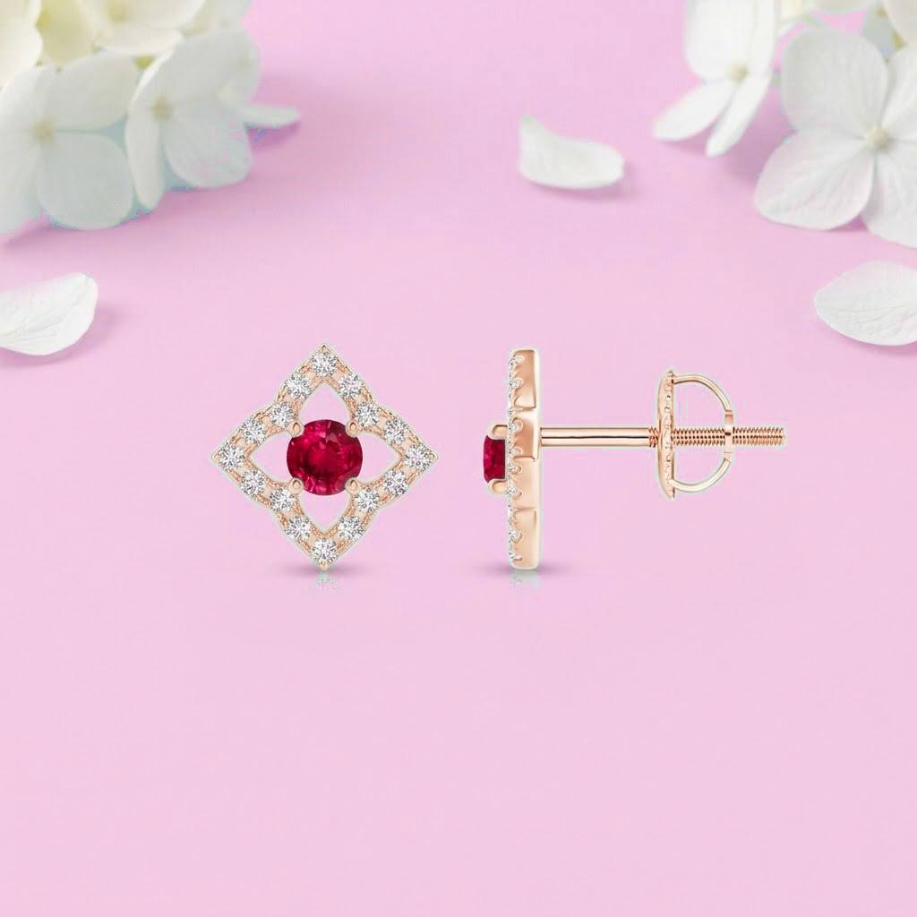 925 Sterling Ruby Pink Cz Round-Cut Star-Shaped Halo Stud Earrings For Women : ER-0045-RBY-RG